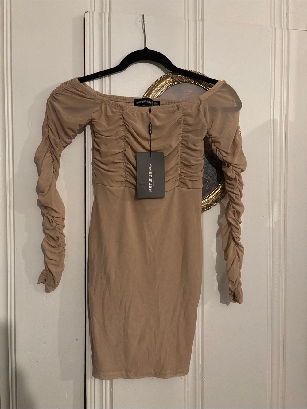 PrettyLittleThing Beige Off-Shoulder Ruched Long Sleeve Mini Dress